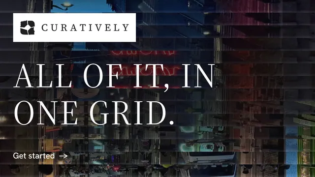 Landscape graphic for Curatively: "All of it, in one grid." Minimal luxury style, announce layout, dark palette in black, grey, red.