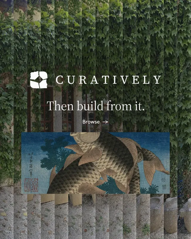 Instagram portrait post for Curatively: "Then build from it." Minimal luxury style, logo hero layout, dark palette in grey, black.