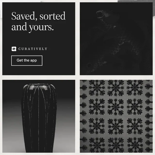 Instagram post for Curatively: "Saved, sorted and yours." Editorial style, collage layout, dark palette in black, grey.