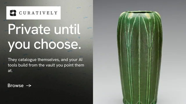 Landscape graphic for Curatively: "Private until you choose." Minimal luxury style, bottom layout, light palette in grey, black, white.