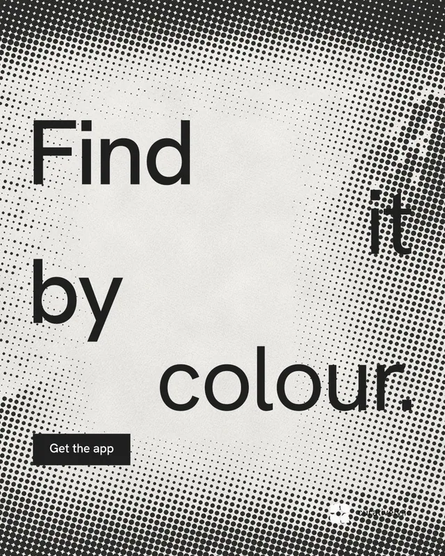 Instagram portrait post for Curatively: "Find it by colour." Swiss style, stacked layout, light palette in grey, white.