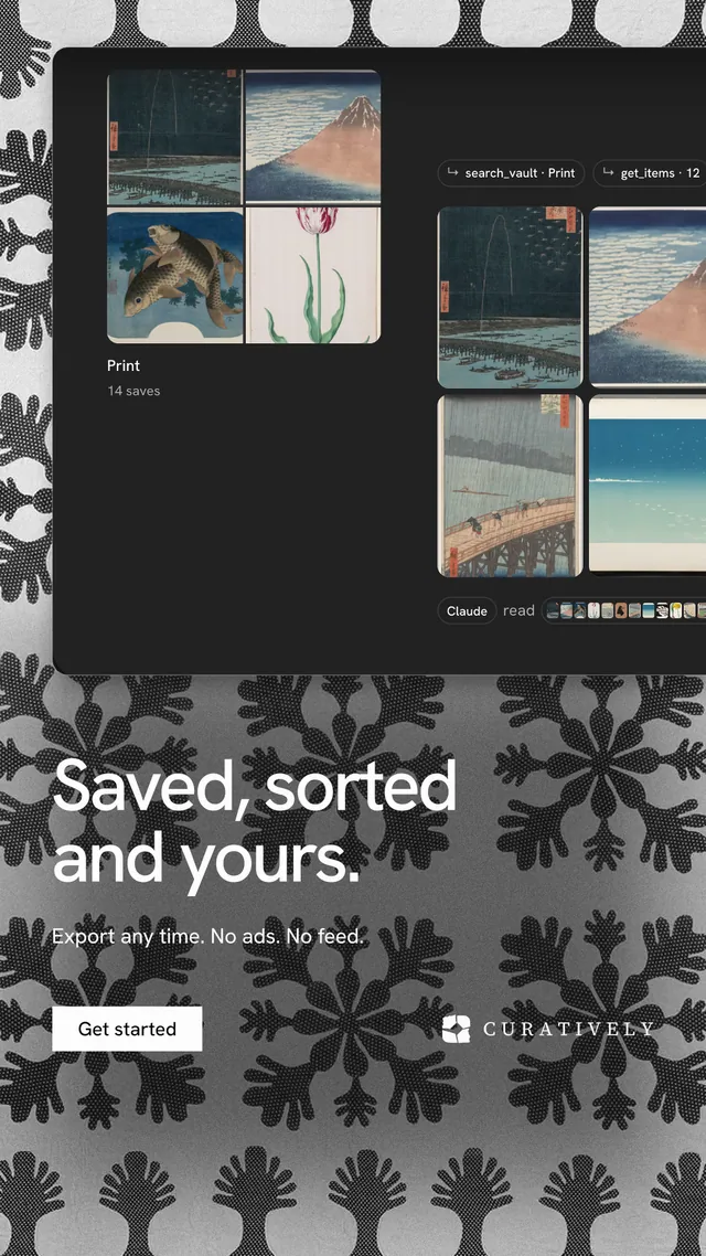 Instagram story for Curatively: "Saved, sorted and yours." Swiss style, bottom layout, dark palette in black, grey.
