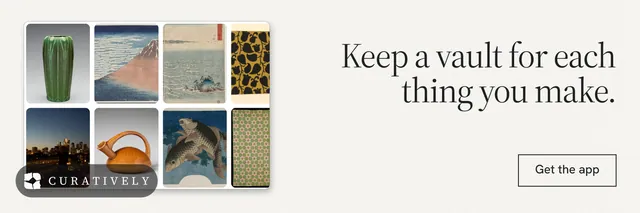 X header for Curatively: "Keep a vault for each thing you make." Editorial style, right layout, light palette in white, grey.