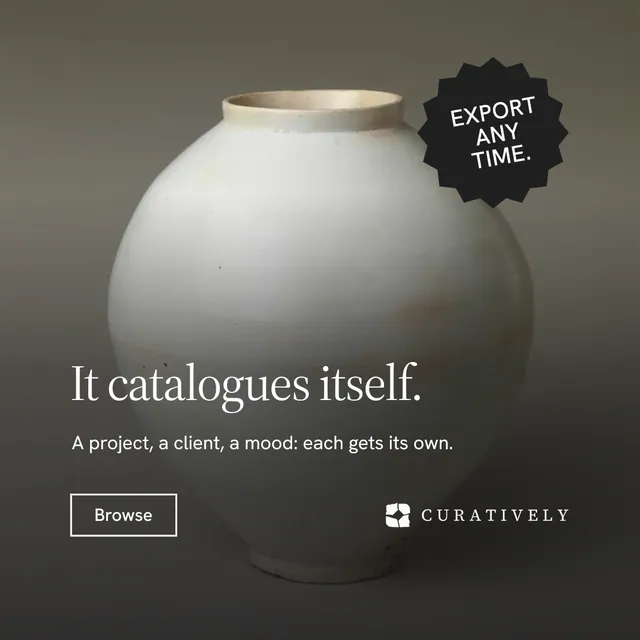 Instagram post for Curatively: "It catalogues itself." Editorial style, sticker layout, dark palette in grey, black.