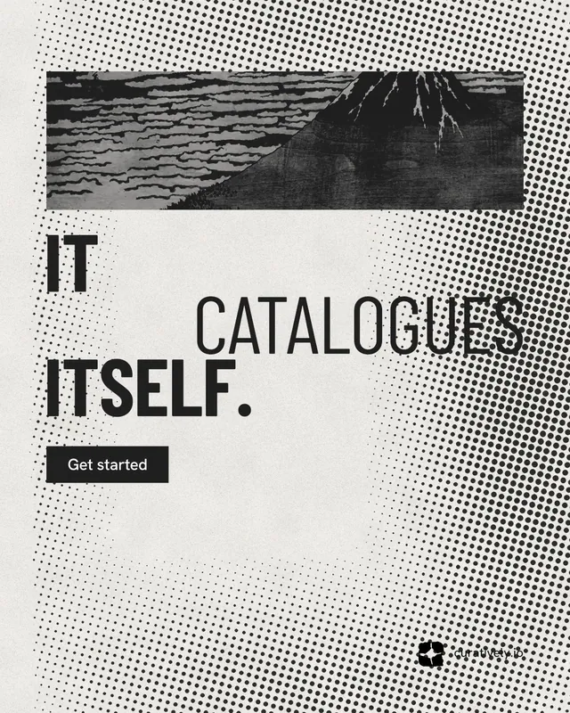 Instagram portrait post for Curatively: "It catalogues itself." Retro print style, stacked layout, light palette in grey, white.