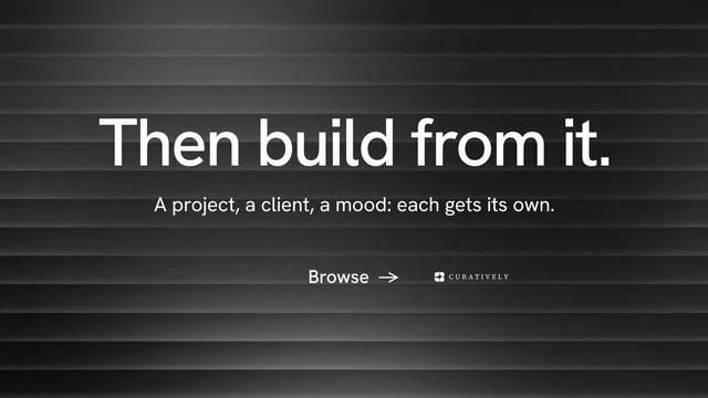 Landscape graphic for Curatively: "Then build from it." Minimal luxury style, centred layout, dark palette in black, grey.