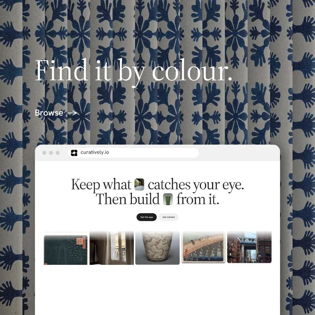 Instagram post for Curatively: "Find it by colour." Minimal luxury style, browser layout, light palette in grey, white, blue.