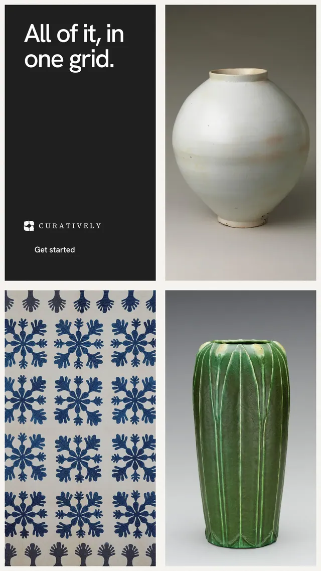 Instagram story for Curatively: "All of it, in one grid." Swiss style, collage layout, light palette in white, grey, black.