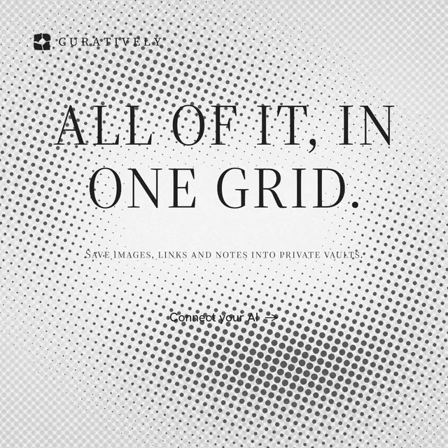 Instagram post for Curatively: "All of it, in one grid." Split block style, smallcaps layout, light palette in white, grey.