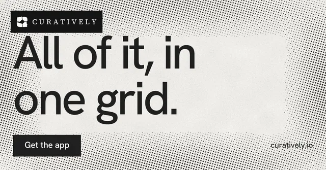 Social ad for Curatively: "All of it, in one grid." Swiss style, poster layout, light palette in grey, white.