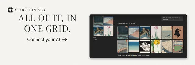 X header for Curatively: "All of it, in one grid." Minimal luxury style, skeleton layout, light palette in white, black, grey.