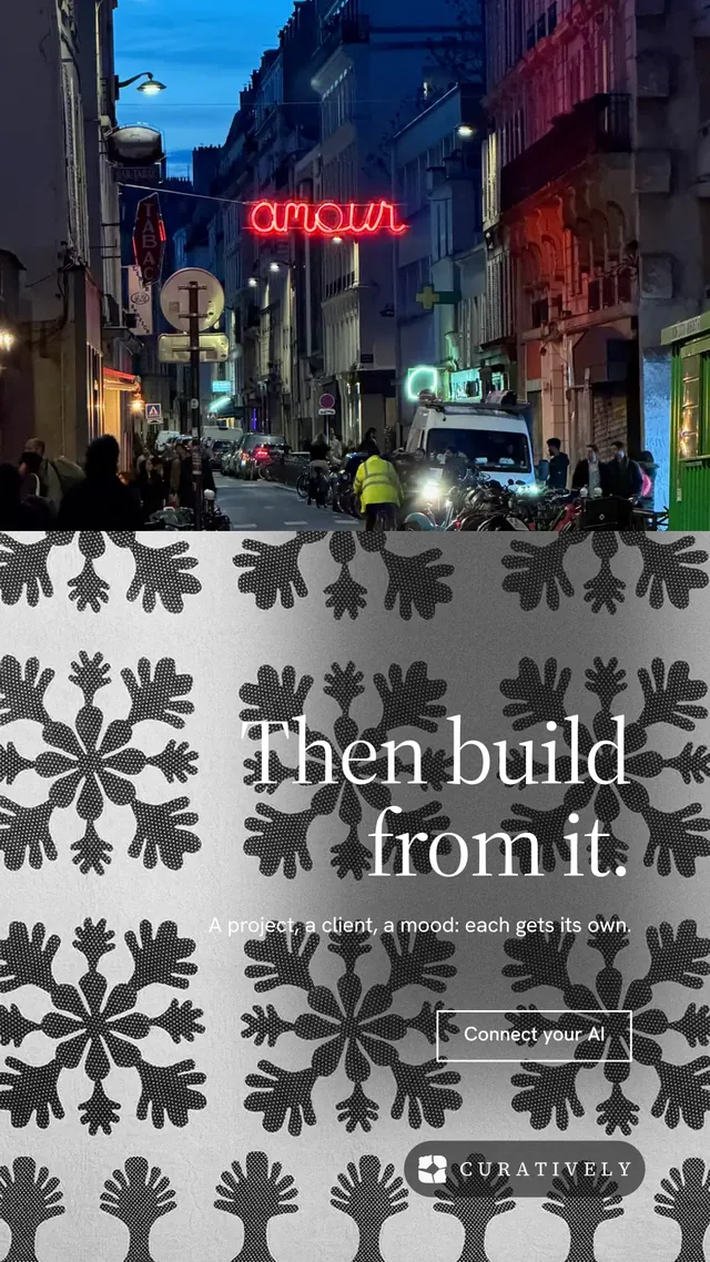 Instagram story for Curatively: "Then build from it." Editorial style, right layout, dark palette in blue, grey, white.
