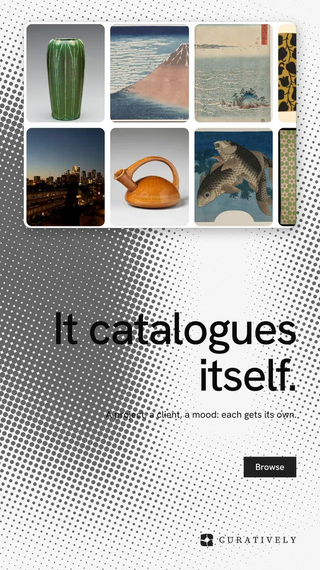 Instagram story for Curatively: "It catalogues itself." Swiss style, right layout, light palette in grey, white.