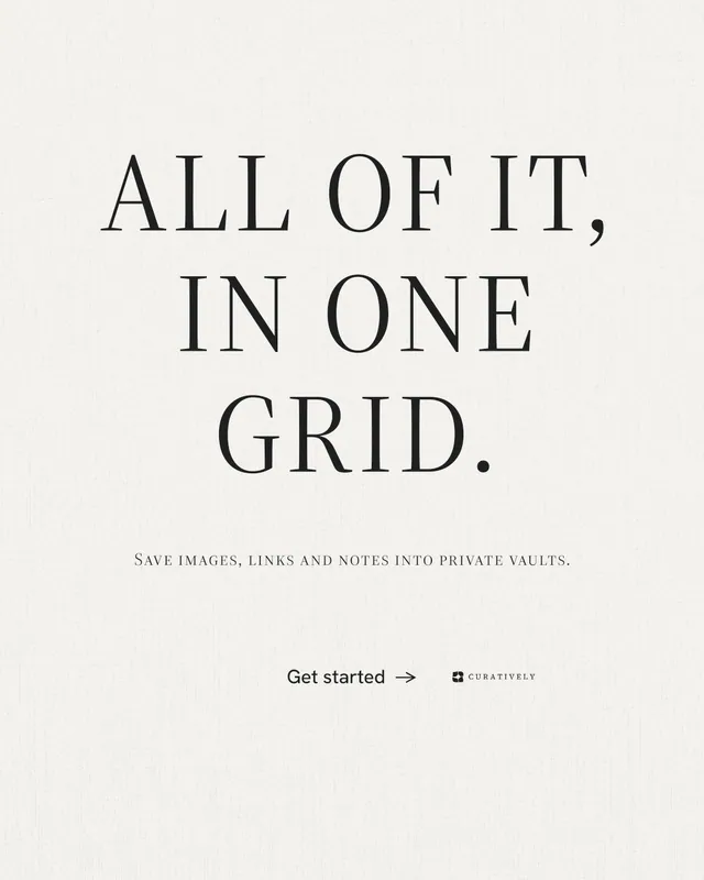 Instagram portrait post for Curatively: "All of it, in one grid." Editorial style, smallcaps layout, light palette in white.