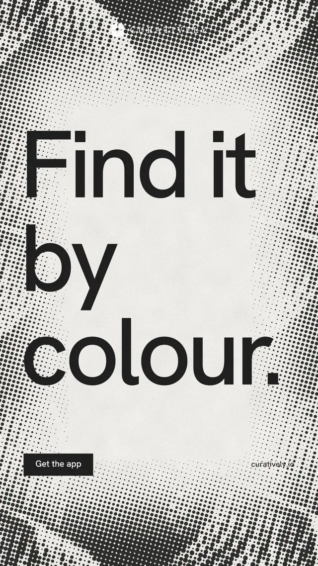 Instagram story for Curatively: "Find it by colour." Swiss style, poster layout, light palette in grey, white.