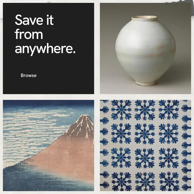 Instagram post for Curatively: "Save it from anywhere." Swiss style, collage layout, light palette in grey, black, white.