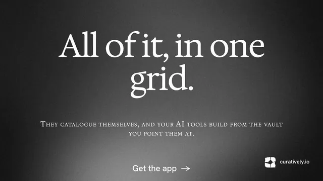 Landscape graphic for Curatively: "All of it, in one grid." Minimal luxury style, smallcaps layout, dark palette in black, grey.