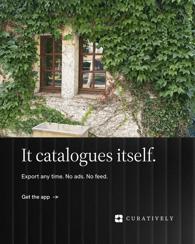 Instagram portrait post for Curatively: "It catalogues itself." Minimal luxury style, bottom layout, dark palette in green, black, grey.