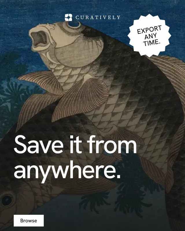 Instagram portrait post for Curatively: "Save it from anywhere." Swiss style, sticker layout, dark palette in blue, black, grey.
