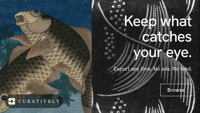 Landscape graphic for Curatively: "Keep what catches your eye." Editorial style, right layout, dark palette in black, grey.