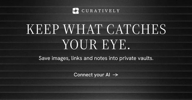 Social ad for Curatively: "Keep what catches your eye." Minimal luxury style, centred layout, dark palette in black, grey.