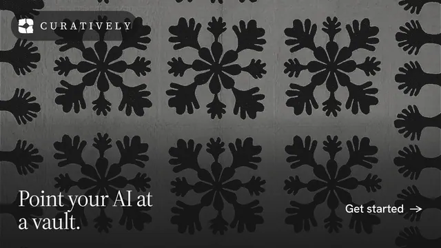 Landscape graphic for Curatively: "Point your AI at a vault." Editorial style, image led layout, dark palette in black, grey.