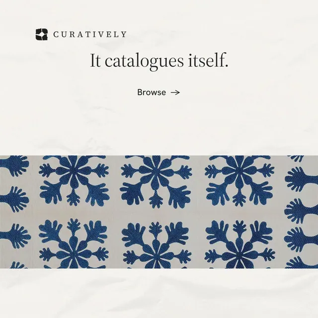 Instagram post for Curatively: "It catalogues itself." Minimal luxury style, skeleton layout, light palette in white, grey.