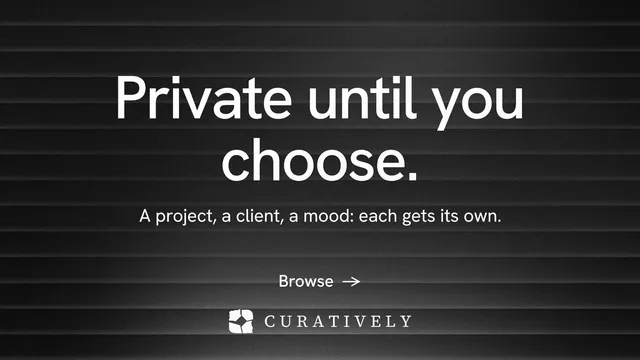 Landscape graphic for Curatively: "Private until you choose." Minimal luxury style, centred layout, dark palette in black, grey.