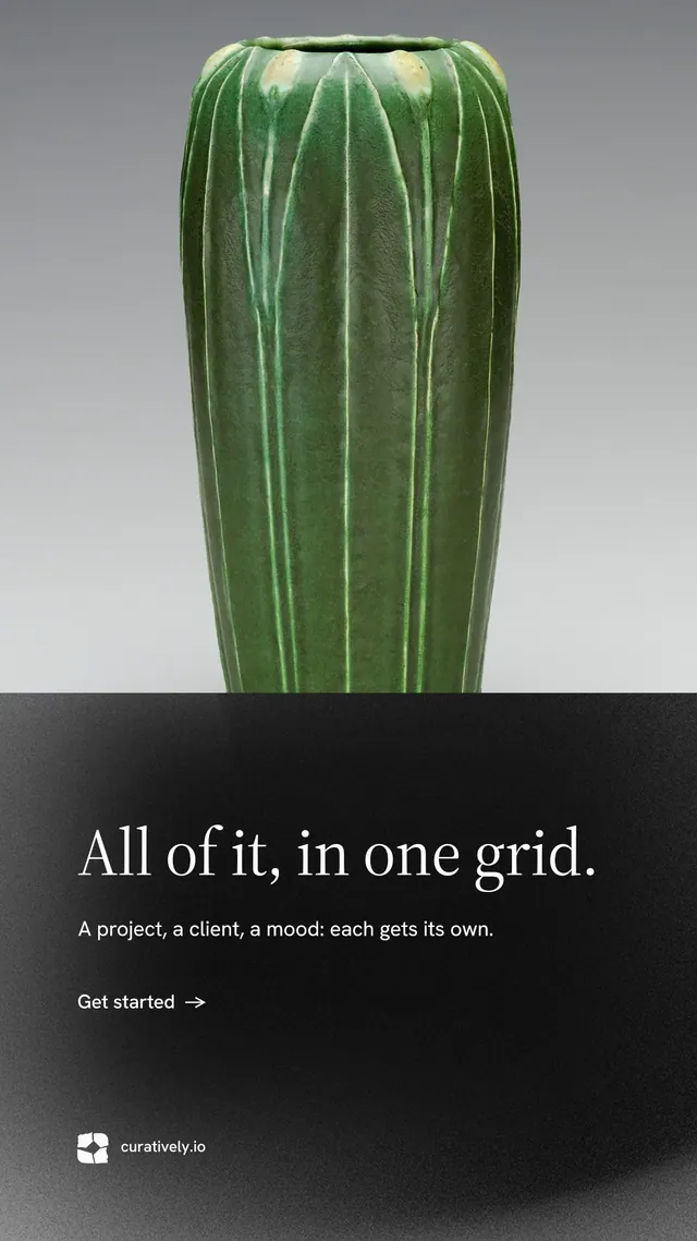 Instagram story for Curatively: "All of it, in one grid." Minimal luxury style, bottom layout, dark palette in black, grey, white.