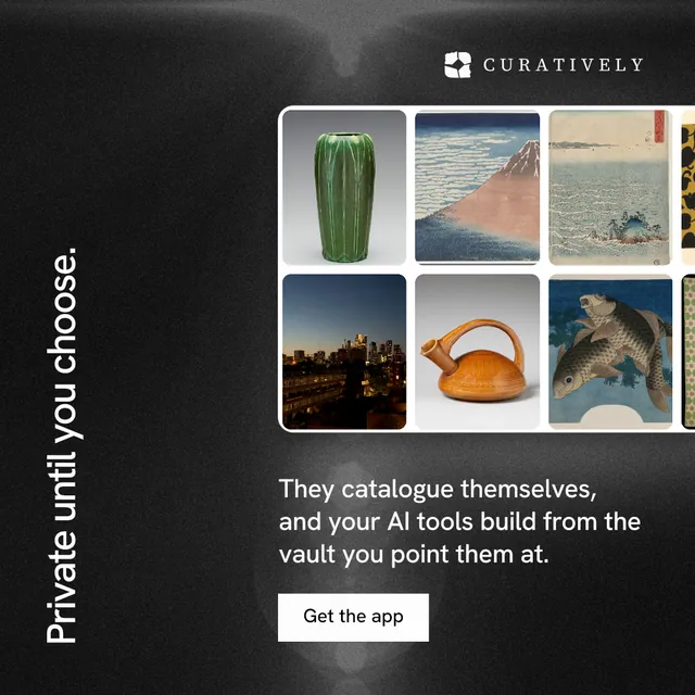 Instagram post for Curatively: "Private until you choose." Swiss style, vertical layout, dark palette in grey, black.