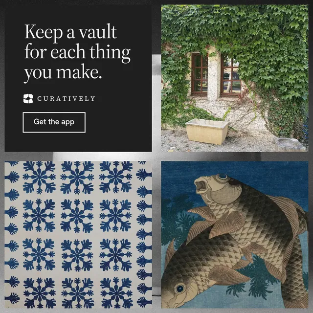 Instagram post for Curatively: "Keep a vault for each thing you make." Editorial style, collage layout, dark palette in black, grey, blue.
