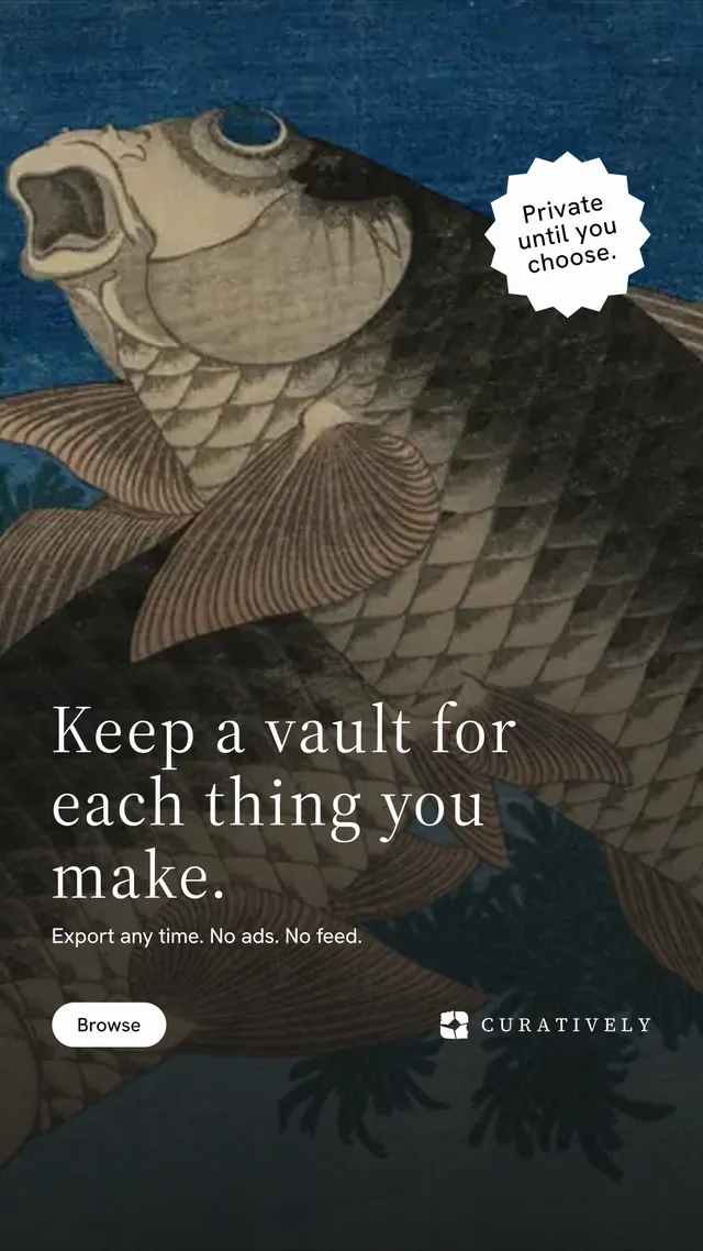 Instagram story for Curatively: "Keep a vault for each thing you make." Photo poster style, sticker layout, dark palette in black, grey, blue.