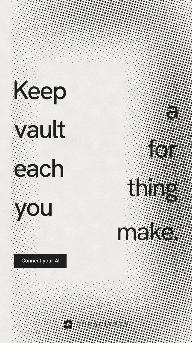 Instagram story for Curatively: "Keep a vault for each thing you make." Swiss style, stacked layout, light palette in grey, white.