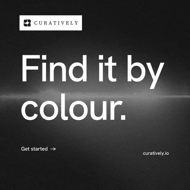 Instagram post for Curatively: "Find it by colour." Minimal luxury style, poster layout, dark palette in black, grey.