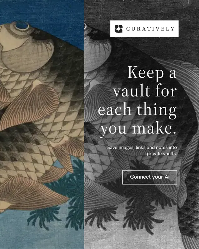 Instagram portrait post for Curatively: "Keep a vault for each thing you make." Editorial style, right layout, dark palette in grey, black.