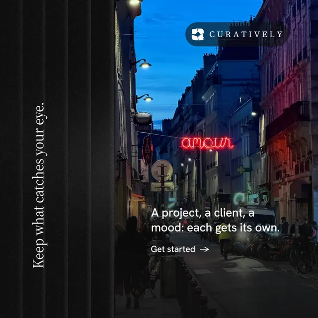 Instagram post for Curatively: "Keep what catches your eye." Minimal luxury style, vertical layout, dark palette in black, blue.
