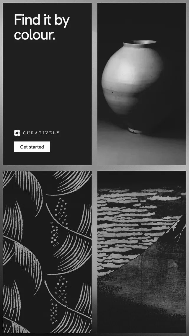 Instagram story for Curatively: "Find it by colour." Swiss style, collage layout, dark palette in black, grey.