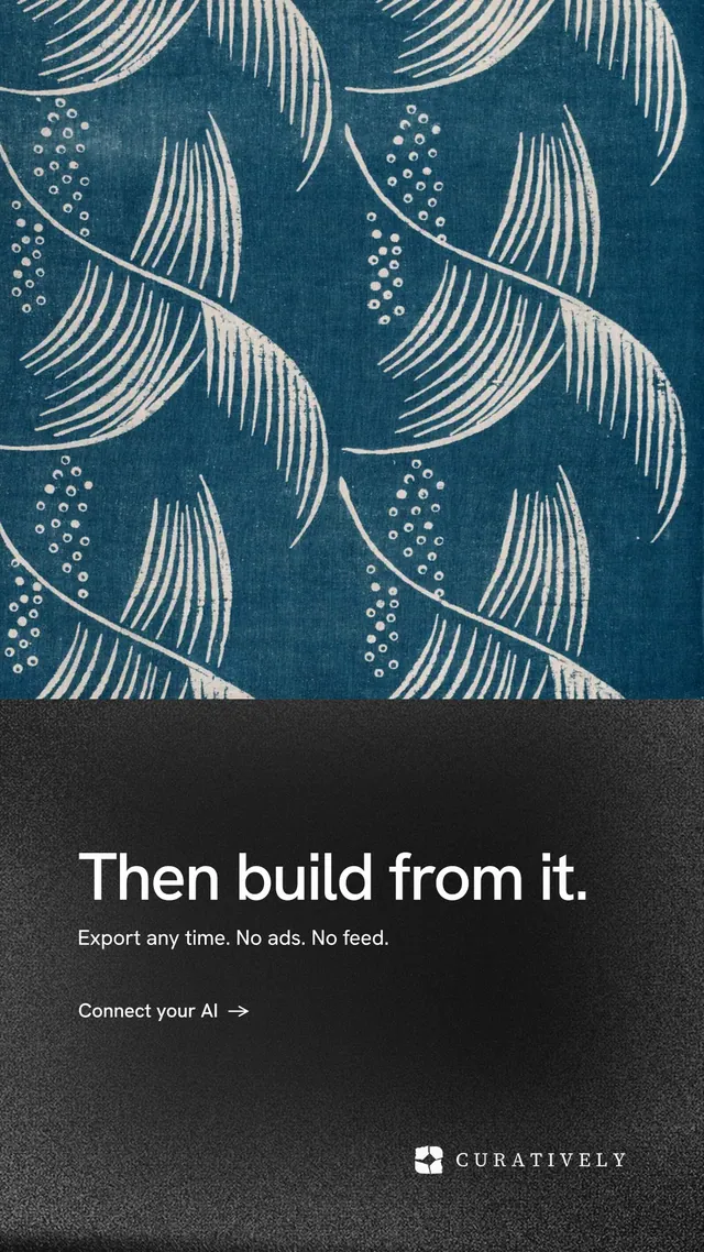 Instagram story for Curatively: "Then build from it." Minimal luxury style, bottom layout, dark palette in blue, black, grey.