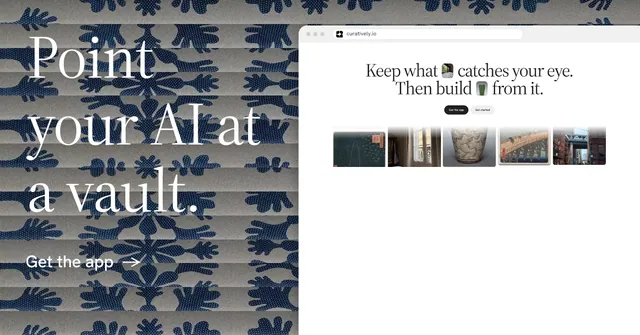 Social ad for Curatively: "Point your AI at a vault." Minimal luxury style, browser layout, light palette in white, grey.