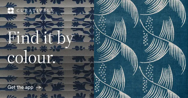 Social ad for Curatively: "Find it by colour." Minimal luxury style, bottom layout, dark palette in grey, blue.