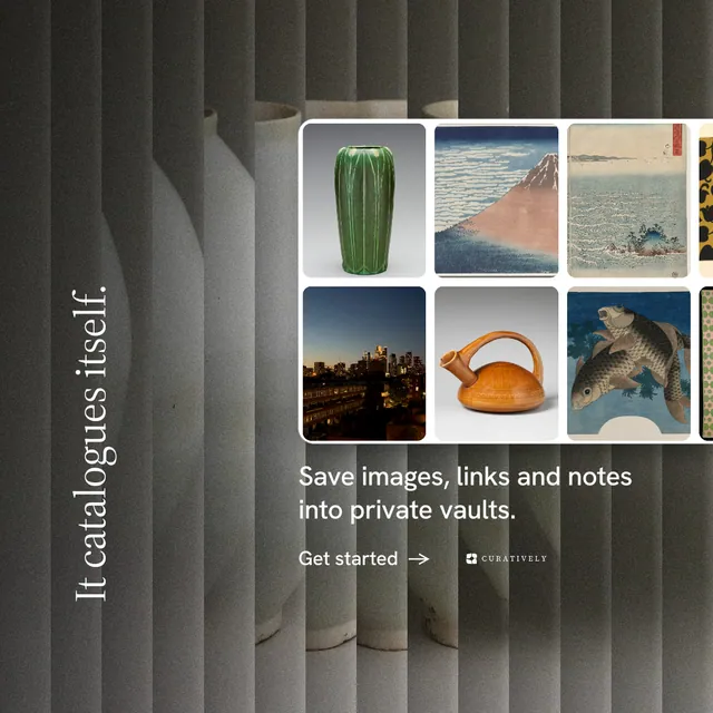 Instagram post for Curatively: "It catalogues itself." Minimal luxury style, vertical layout, dark palette in grey, black.