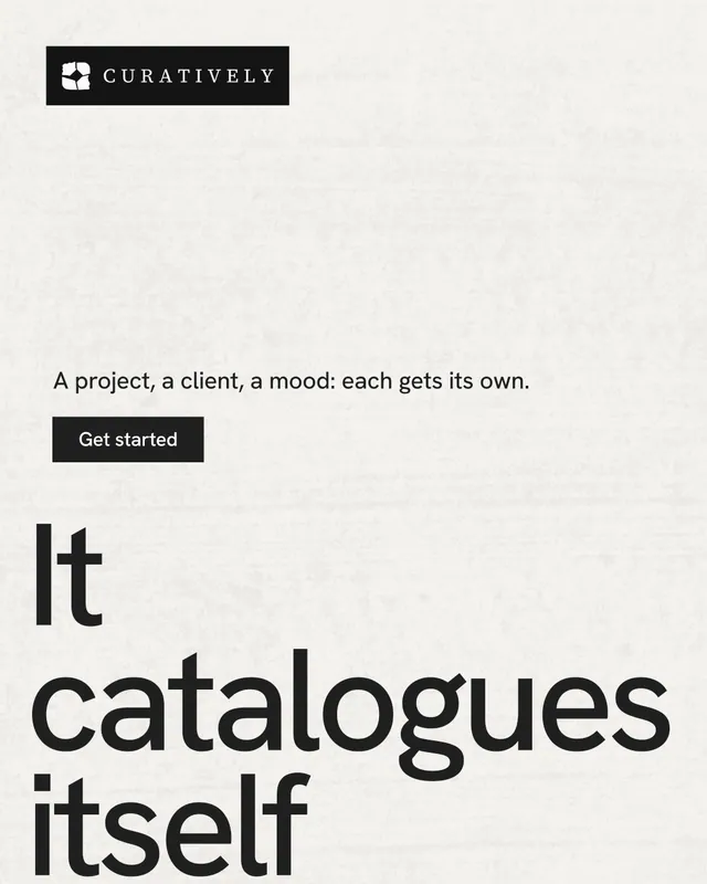 Instagram portrait post for Curatively: "Find it by colour." Swiss style, oversized layout, light palette in white, grey.