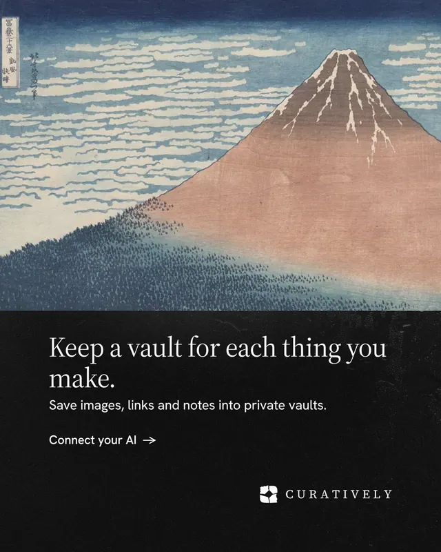 Instagram portrait post for Curatively: "Keep a vault for each thing you make." Minimal luxury style, bottom layout, dark palette in grey, black.