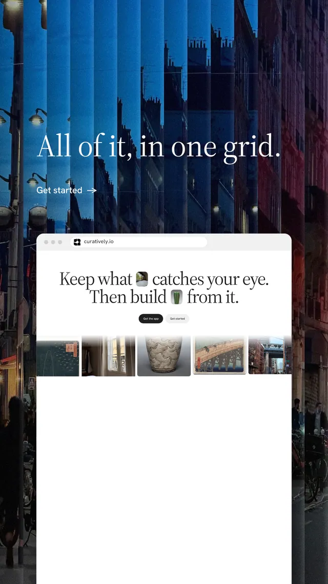Instagram story for Curatively: "All of it, in one grid." Minimal luxury style, browser layout, light palette in black, white, blue.