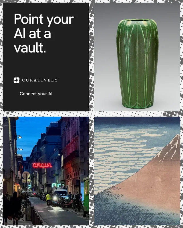Instagram portrait post for Curatively: "Point your AI at a vault." Swiss style, collage layout, dark palette in black, grey.