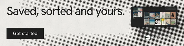 LinkedIn banner for Curatively: "Saved, sorted and yours." Swiss style, skeleton layout, light palette in grey, white.