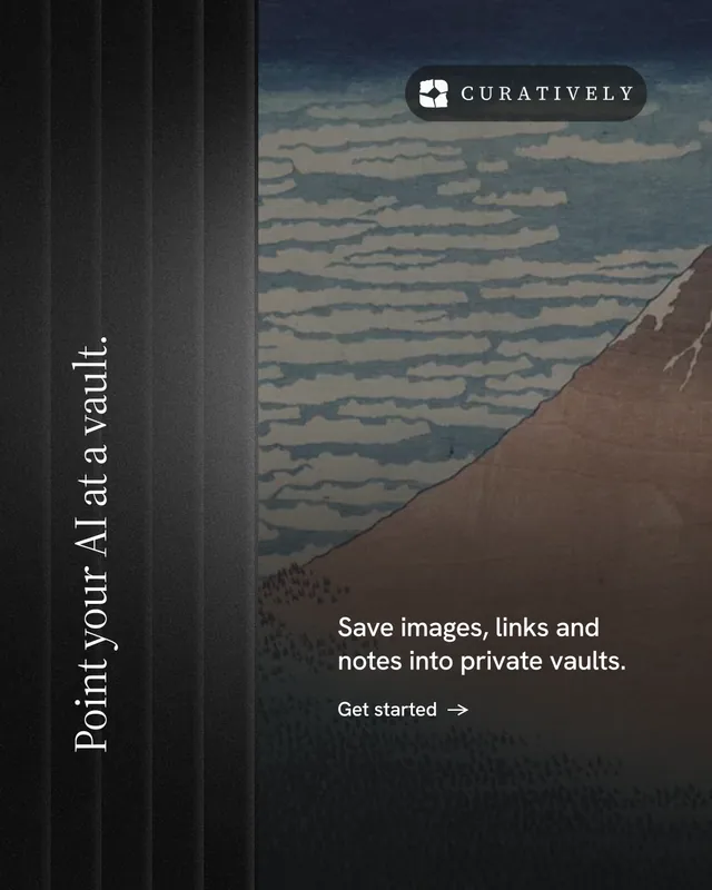 Instagram portrait post for Curatively: "Point your AI at a vault." Minimal luxury style, vertical layout, dark palette in black, grey.