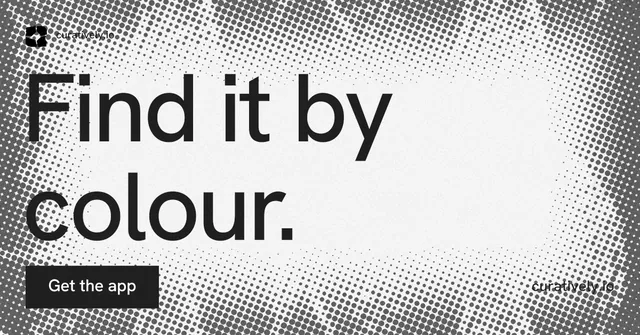 Social ad for Curatively: "Find it by colour." Swiss style, poster layout, light palette in grey, white.