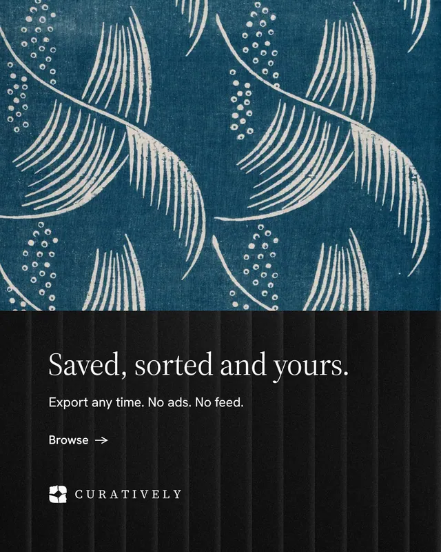 Instagram portrait post for Curatively: "Saved, sorted and yours." Minimal luxury style, bottom layout, dark palette in blue, black, grey.