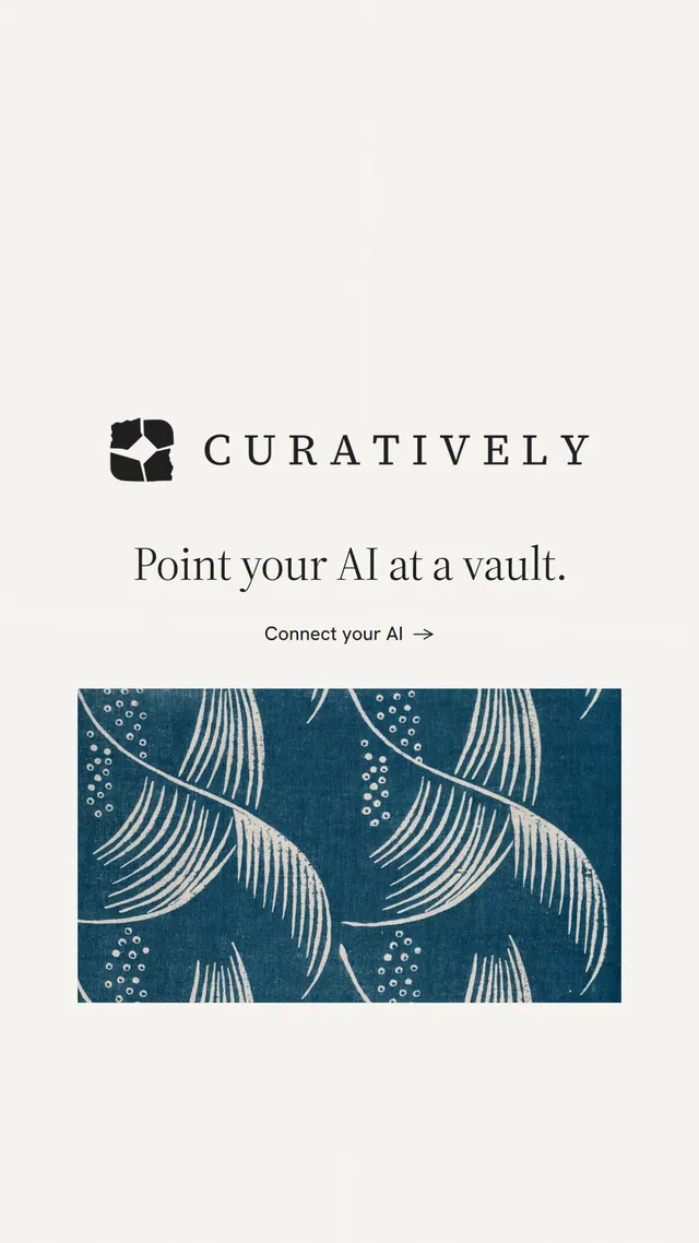 Instagram story for Curatively: "Point your AI at a vault." Minimal luxury style, logo hero layout, light palette in white, blue, grey.